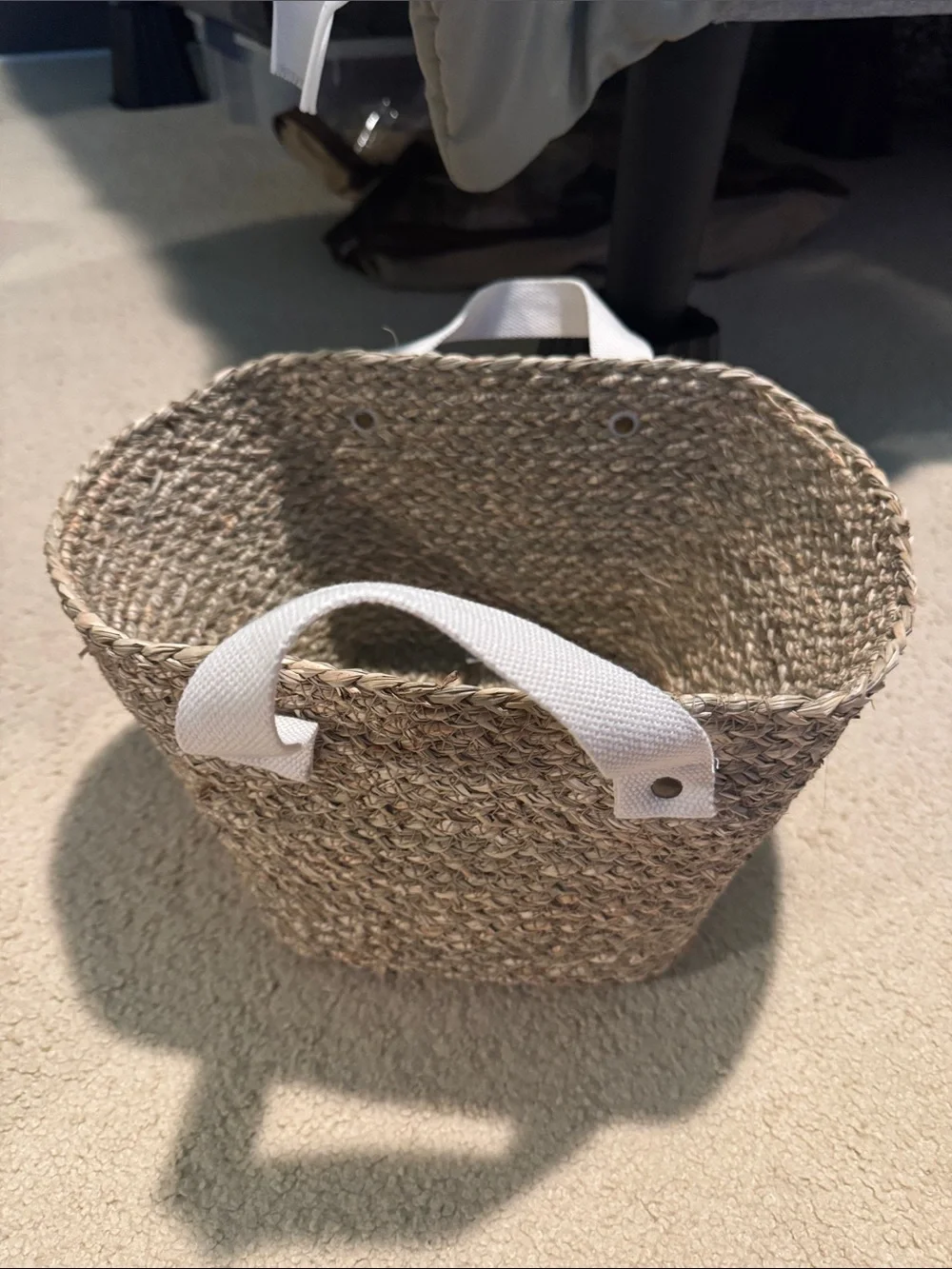 Kids Natural Woven Storage Basket with White Handles